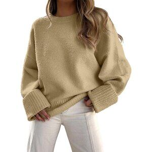 Women's Light Khaki - Yellow Tan Oversized Long Sleeve Casual Fuzzy Knit Sweater